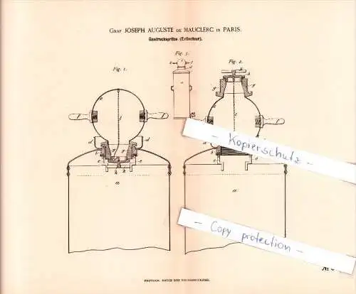 Original Patent  - Graf Joseph Auguste de Mauclerc in Paris , 1885 , Gasdruckspritze , Extincteur !!!