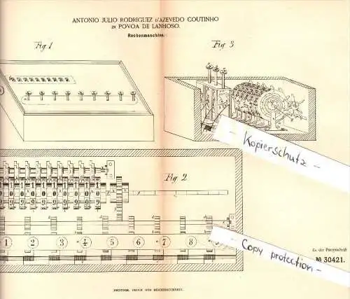 Original Patent - A. Rodriguez d' Azevedo Coutinho em Povoa de Lanhoso , 1884 , ábaco , matemática !!!