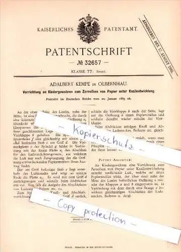 Original Patent  - A. Kempe in Olbernhau , 1885 , Vorrichtung an Kindergewehren zum Zerreißen von Papier !!!