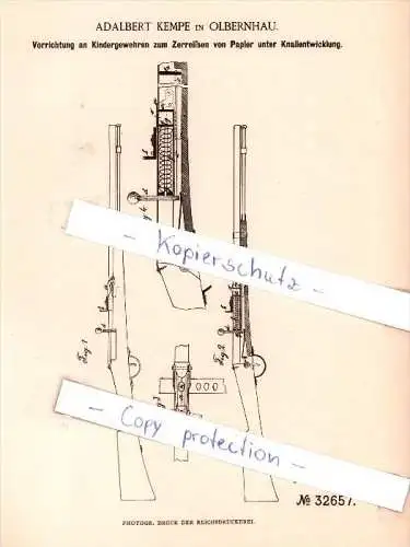 Original Patent  - A. Kempe in Olbernhau , 1885 , Vorrichtung an Kindergewehren zum Zerreißen von Papier !!!