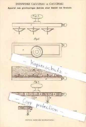 Original Patent  - Eisenwerke Gaggenau in Gaggenau , 1885 , Antrieb für Kreisel !!!