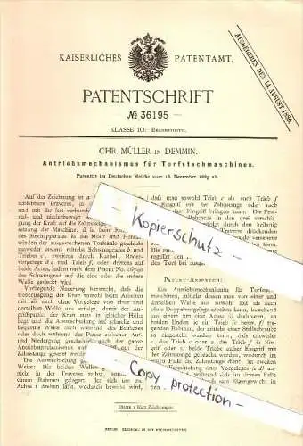 Original Patent - Chr. Müller in Demmin i. Mecklenburg , 1885 , Antrieb für Torf - Stechmaschine , Brennstoffe !!!