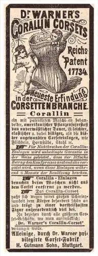 original Werbung - 1884 - Dr. Warner`s Corsets , Fanrik in Stuttgart , Korsett , corset !!!