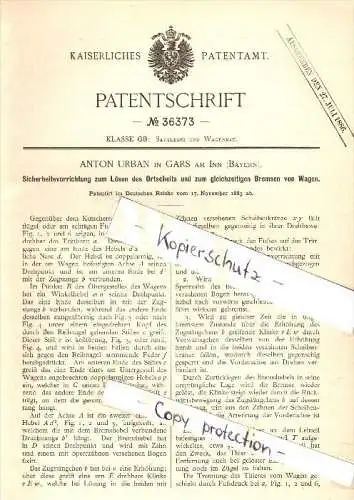 Original Patent - Anton Urban in Gars am Inn , 1885 , Sicherheitsapparat für Wagen , Kutsche , Wagenbau !!!