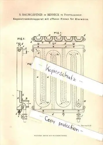 Original Patent - S. Baumgärtner in Bad Berneck i. Fichtelgebirge , 1885 , Kühlapparat für Bierwürze , Brauerei , Bier !