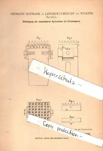 Original Patent - H. Hofmann in Langenwolmsdorf b. Stolpen , 1884 , Spitzenbahn für Kieshammer , Mühle , Windmühle !!!