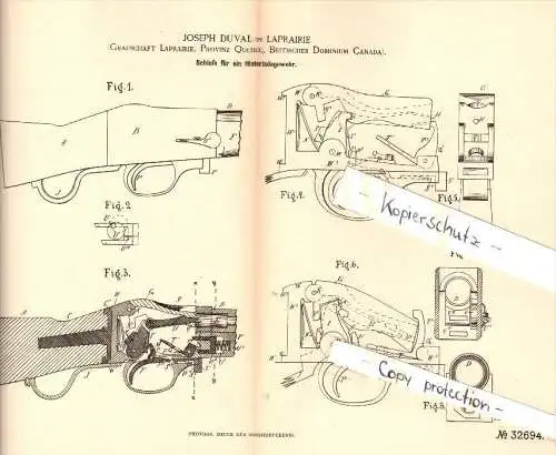 Original Patent - Joseph Duval in Laprairie , Quebec , 1884 , Lock for gun , La Prairie  !!!