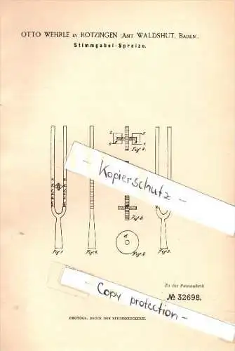 Original Patent - Otto Wehrle in Rotzingen / Görwihl b. Waldshut , 1885 , Stimmgabel - Spreize , Musik , Musikalien !!!