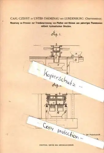 Original Patent - Carl Czerny in Unterthemenau bei Lundenburg / Breclav , 1884 , Presse zur Trockenpressung !!!