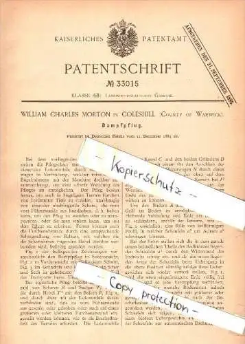 Original Patent - W. Ch. Morton in Coleshill , Warwick , 1884 , Plough with steam engine , agriculture !!!