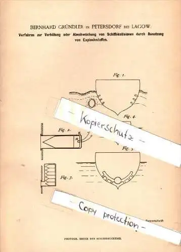 Original Patent - Bernhard Gründler in Petersdorf b. Lagow , 1884 , Verhütung von Schiffskollision , Jemiolow  !!!