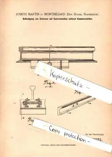 Original Patent - Joseph Martin à Montbéliard , Doubs , 1884 , La fixation des rails , chemin de fer  !!!