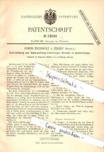 Original Patent - Friedrich Eschholz in Zerbst , 1885 , Umwandlung einsitziger Kutschen , Kutsche , Droschke , carriage