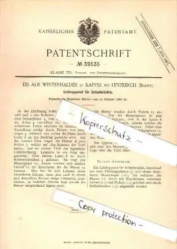 Original Patent - A. Winterhalder in Kappel b. Lenzkirch , 1886 , Linierapparat für Schiefertafel , Tafel , Schule !!!