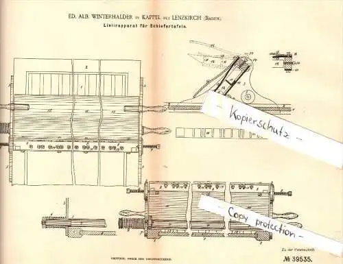 Original Patent - A. Winterhalder in Kappel b. Lenzkirch , 1886 , Linierapparat für Schiefertafel , Tafel , Schule !!!