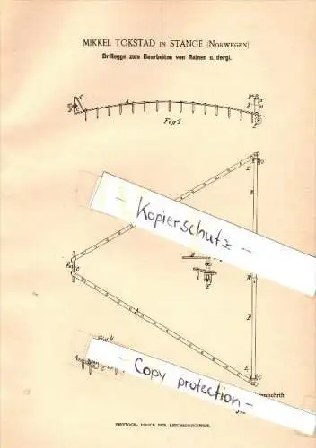 Original Patent - Mikkel Tokstad in Stange , Norwegen , 1886 , Drillegge , Agrar , Landwirtschaft  !!!