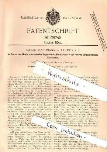 Original Patent - Alfred Handmann in Colditz i.S., 1902 , Mustern von Keramik mit Glasur !!!