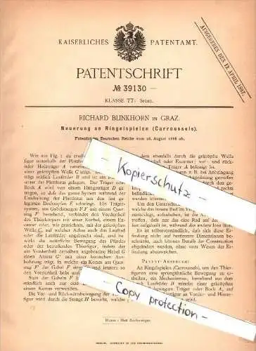 Original Patent - Richard Blinkhorn in Graz , 1886 , Neuerung an Karussels , carousel , carrousel , Karussell !!!