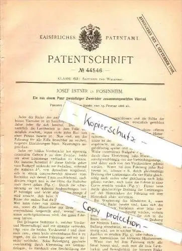 Original Patent - Josef Estner in Rosenheim  , 1888 , Vierrad aus zusammengesetzten Fahrrädern , Fahrrad , bicycle !!!