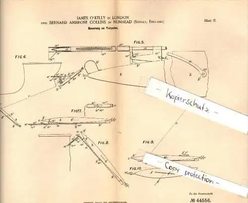 Original Patent - B.A. Collins in Nunhead , 1887 , Innovation in torpedoes , Torpedo , London !!!