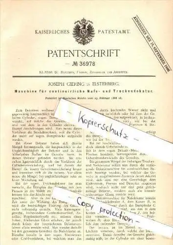 Original Patent - Joseph Giering in Elsterberg , 1886 , Maschine für Trockendekatur , Gewebe , Textilien !!!