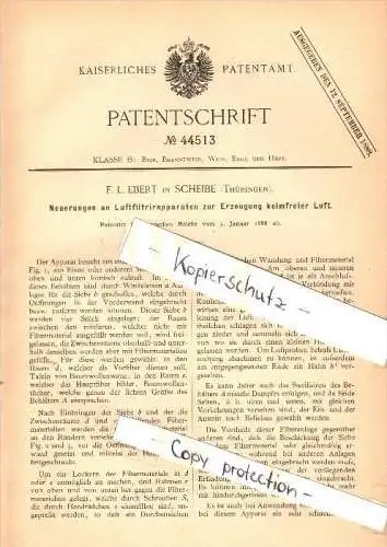 Original Patent - F.L. Ebert in Scheibe b. Neuhaus am Rennweg , 1888 , Filtrierapparat für keimfreie Luft !!!