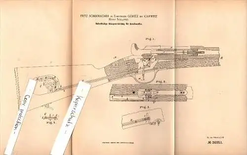 Original Patent - F. Schirmacher in Göritz / Gorzyca b. Carwitz / Karwice , 1886 , Abzug Für Gewehr , Schlawe / Slawno !