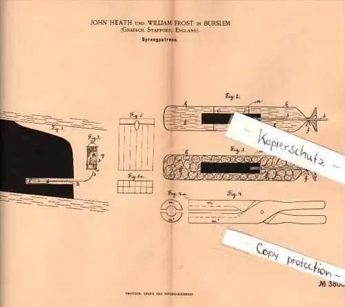 Original Patent - John Heath und W. Frost in Burslem , England , 1886 , explosive cartridge , ammunition , munitions !!!