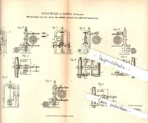 Original Patent - Jens Müller in Zarewo , Russland , 1885 , Molettiermaschine , Metallbau !!!