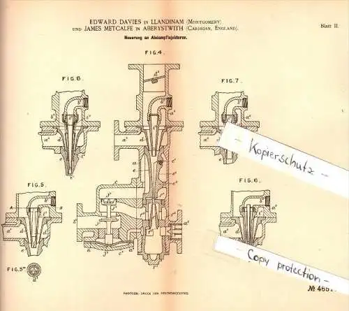 Original Patent - E. Davies in Llandinam / Llanidloes and James Metcalfe in Aberystwyth , 1888 , steam injectors , pump