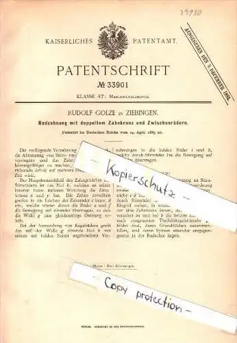 Original Patent - Rudolf Golze in Ziebingen / Cybinka , 1885 , Radzahnung mit doppeltem Zahnkranz !!!