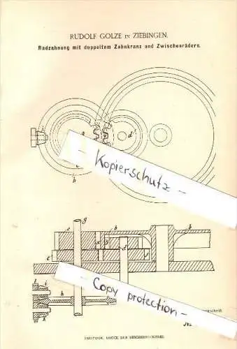 Original Patent - Rudolf Golze in Ziebingen / Cybinka , 1885 , Radzahnung mit doppeltem Zahnkranz !!!