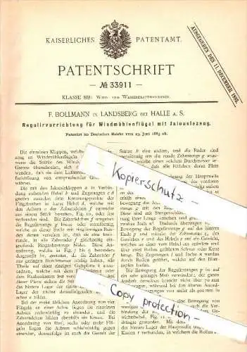 Original Patent - F. Bollmann in Landsberg b. Halle a.S. , 1885 , Regulierung für Windmühlenflügel , Windmühle !!!