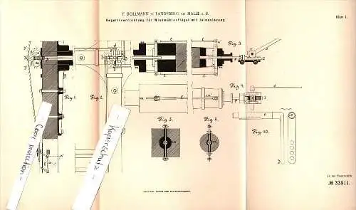 Original Patent - F. Bollmann in Landsberg b. Halle a.S. , 1885 , Regulierung für Windmühlenflügel , Windmühle !!!