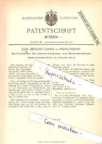 Original Patent - K. Sander in Zweinaundorf b. Mölkau , 1884 , Cylinder für Sortiermaschine , Leipzig , Linsen !!!