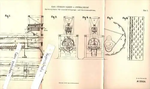 Original Patent - K. Sander in Zweinaundorf b. Mölkau , 1884 , Cylinder für Sortiermaschine , Leipzig , Linsen !!!