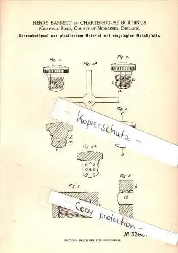 Original Patent - Henry Barrett in Charterhouse Buildings , Goswell Road , 1885 , Screw plugs of plastic material !!!