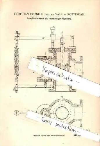 Original Patent - Christian Cornelis van der Valk in Rotterdam , 1885 , Drosselventil für Dampfmaschine !!!