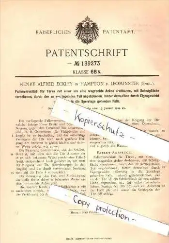 Original Patent - H.A. Eckley in Hampton b. Leominster , 1902 , Case lock for doors !!!