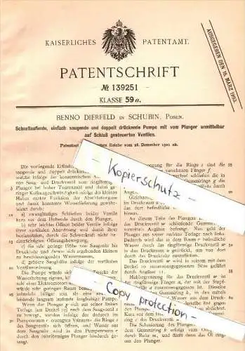 Original Patent - Benno Dierfeld in Schubin / Szubin , Posen , 1901 , doppelte Pumpe , Wasserpumpe !!!