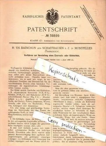 Original Patent - Th. Baeschlin aus Schaffhausen , z.Zt. in Montpellier , 1886 , Herstellung von Kühlmittel !!!