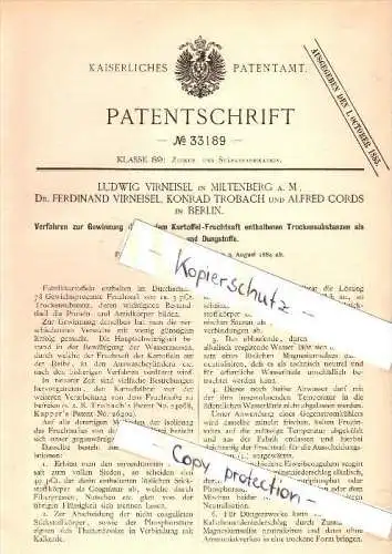 Original Patent - Ludwig Virneisel in Miltenberg a.M.,1884, Gewinnung von Kartoffel - Fruchtsaft , Zucker , Zuckerfabrik