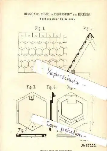 Original Patent - Bernhard Ehrig in Dederstedt b. Eisleben ,1886, sechseckiger Falzziegel , Dachdecker , Dach , Mansfeld