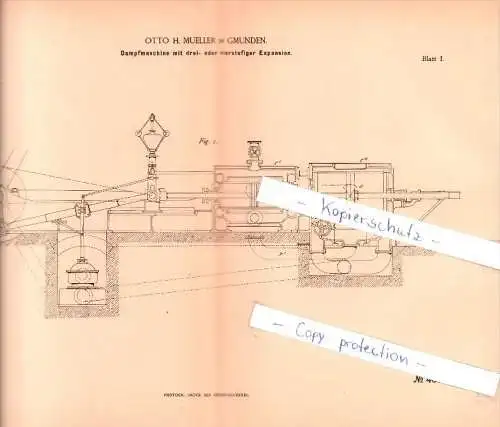 Original Patent - Otto H. Mueller in Gmunden , 1887 , Dampfmaschine !!!