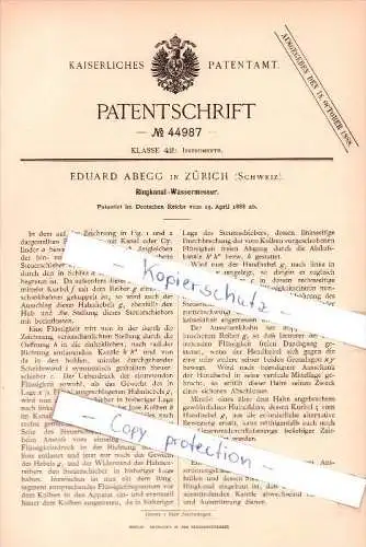 Original Patent - Eduard Abegg in Zürich , Schweiz , 1888 , Ringkanal - Wassermesser !!!