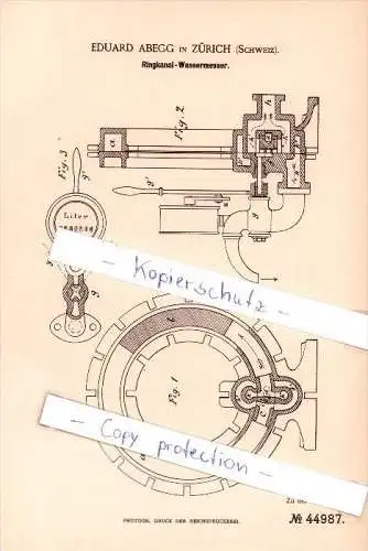 Original Patent - Eduard Abegg in Zürich , Schweiz , 1888 , Ringkanal - Wassermesser !!!