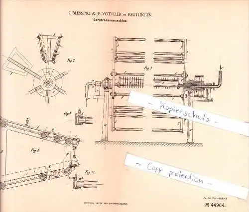 Original Patent - J. Blessing & P. Votteler in Reutlingen , 1888 , Garntrockenmaschine !!!