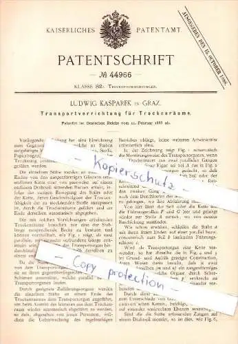 Original Patent - Ludwig Kasparek in Graz , 1888 , Transportvorrichtung für Trockenräume !!!