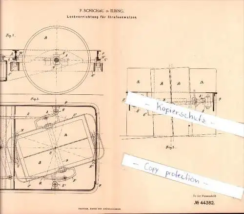 Original Patent - F. Schichau in Elbing / Elblag , 1887 , Lenkvorrichtung für Straßenwalzen !!!