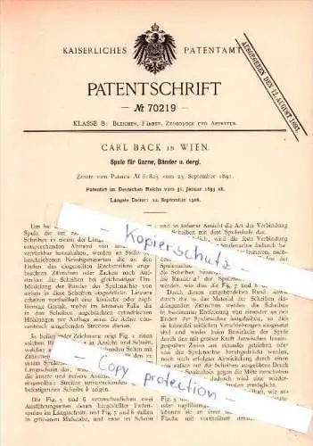 Original Patent - Carl Back in Wien , 1893 , Spule für Garne, Bänder u. dergl. !!!